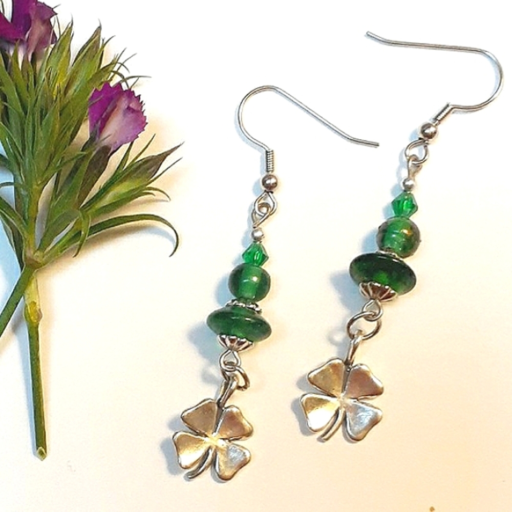 Sterling Silver Shamrock and Emerald Green Beaded Dangly Earrings